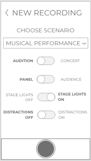 Mid fidelity moblile wireframe showing user's options for creating a performance simulation