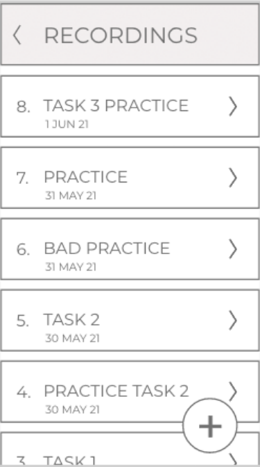 Mid fidelity mobile wireframe showing the open recording tool