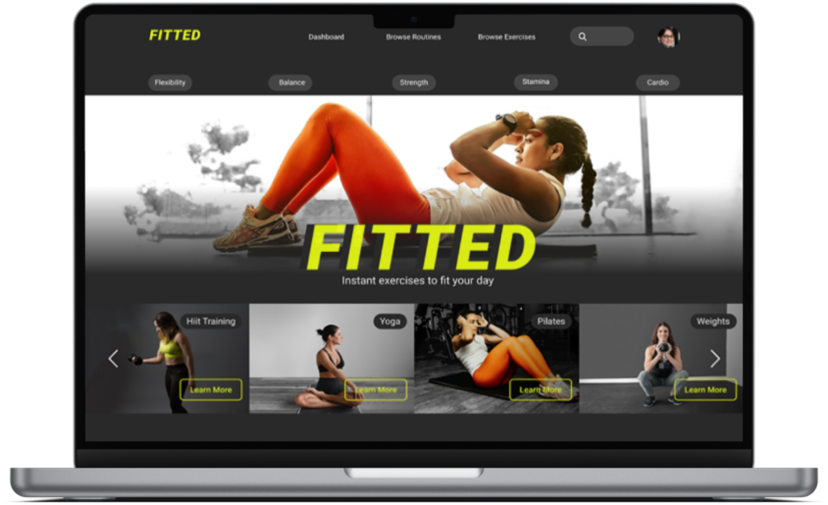 Laptop image showing homepage of Fitted app