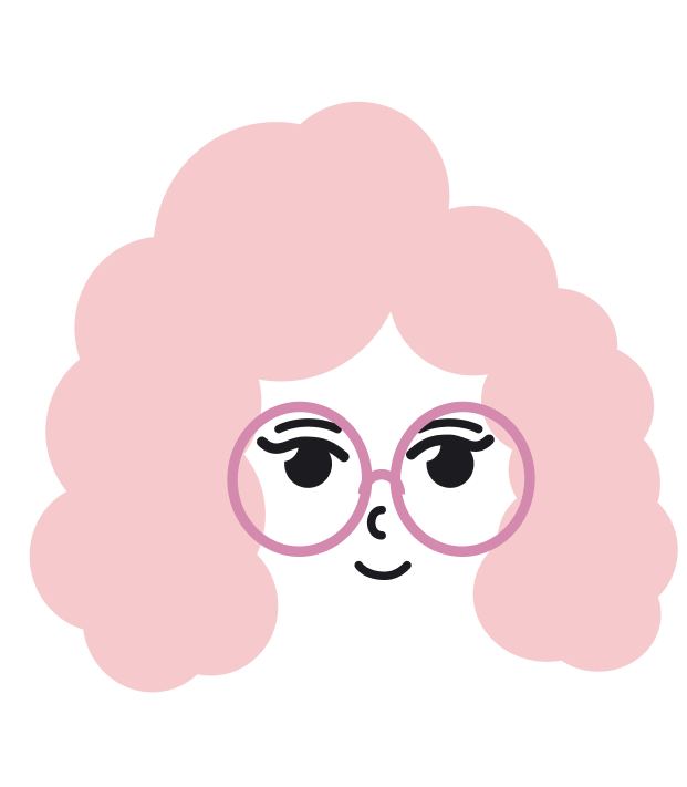 An illustration of Melissa with pink curly hair and pink oversized glasses.