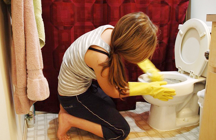 Woman Cleaning the Bathroom