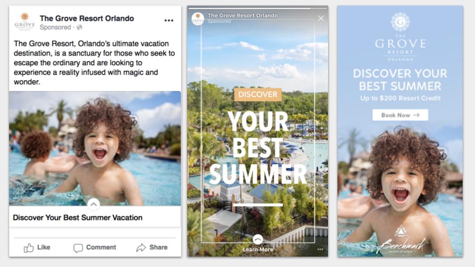 screenshots of a facebook ad, instagram story ad, and banner ad showing cohesive messaging