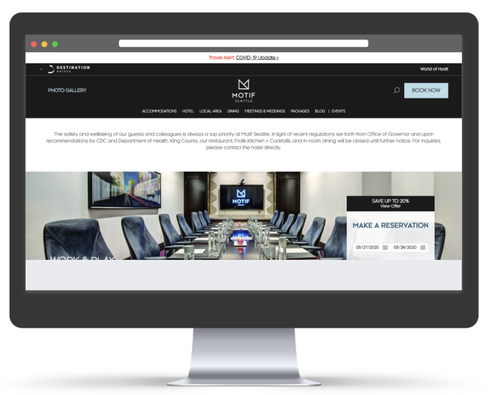 screenshot of hotel website with covid-19 statements