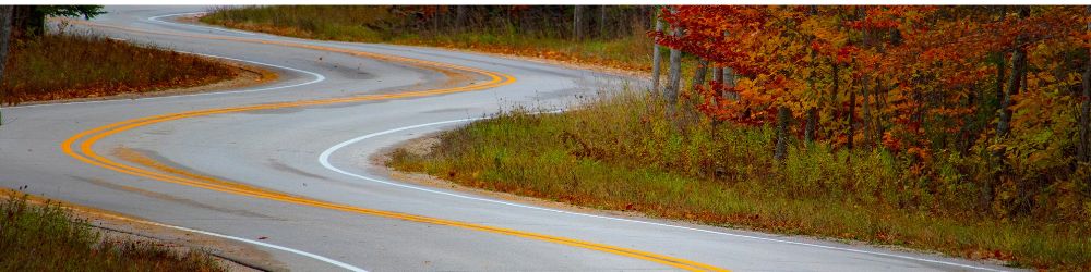 Winding road surrounded by colourful autumnal trees