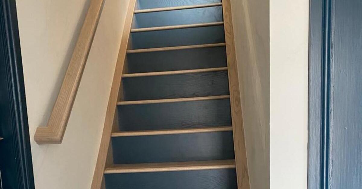 Grey Finished Solid Oak Staircase Renovation With Blue Painted Risers ...