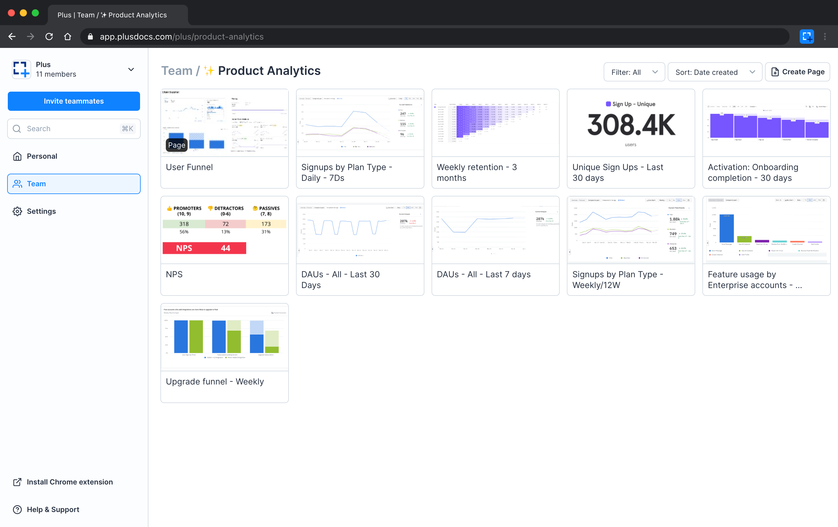 A screenshot of the Plus web app showing a folder full of Product Analytics Snapshots.