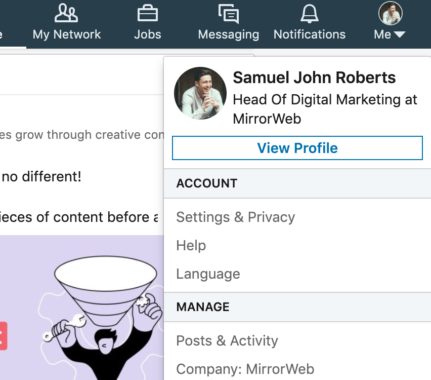 Accessing settings & privacy within LinkedIn
