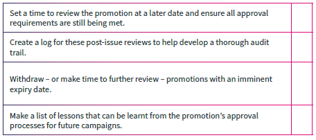 Checklist table for post issue review of a financial promotion