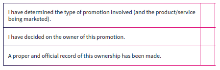 Checklist table for ownership of a financial promotion