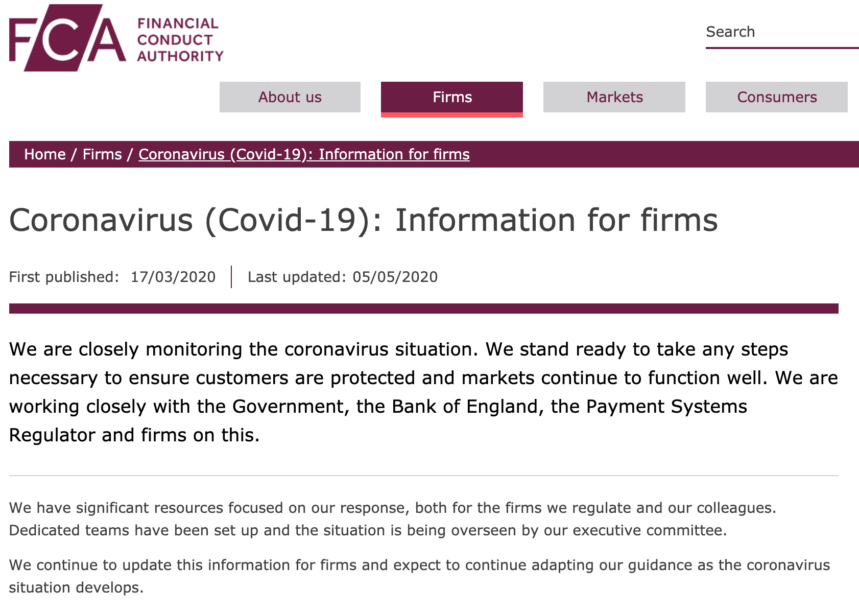 FCA - Covid-19 information for firms