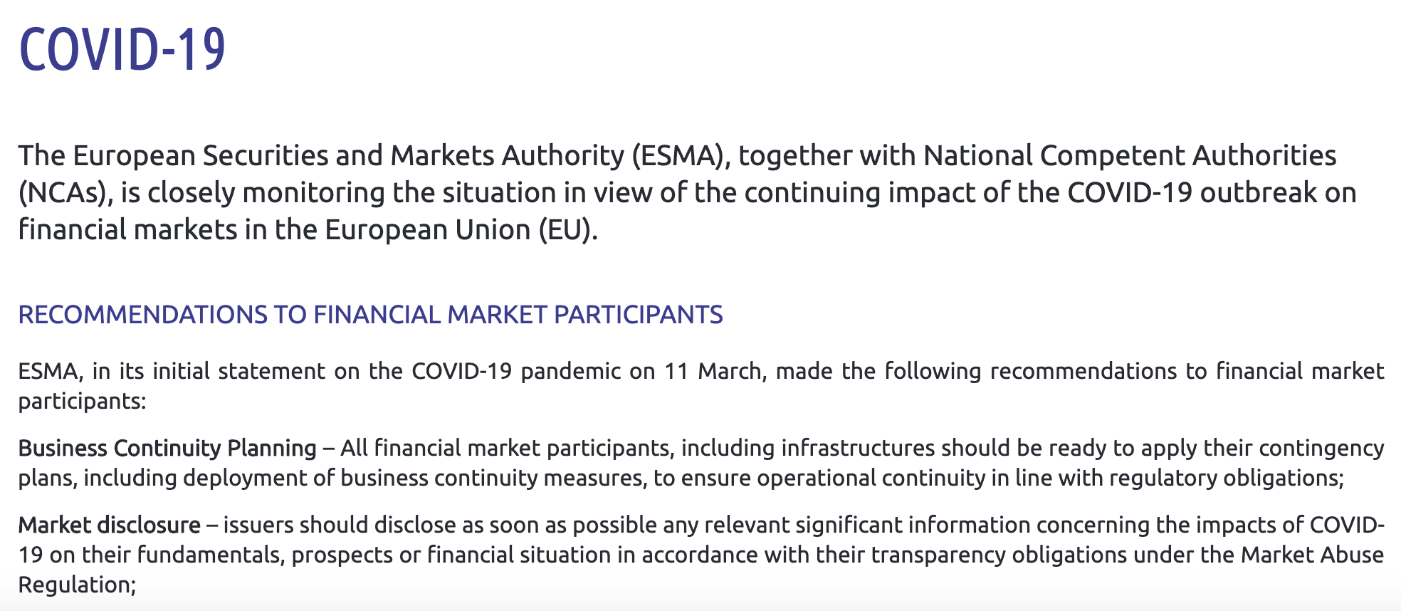 ESMA's response to COVID-19
