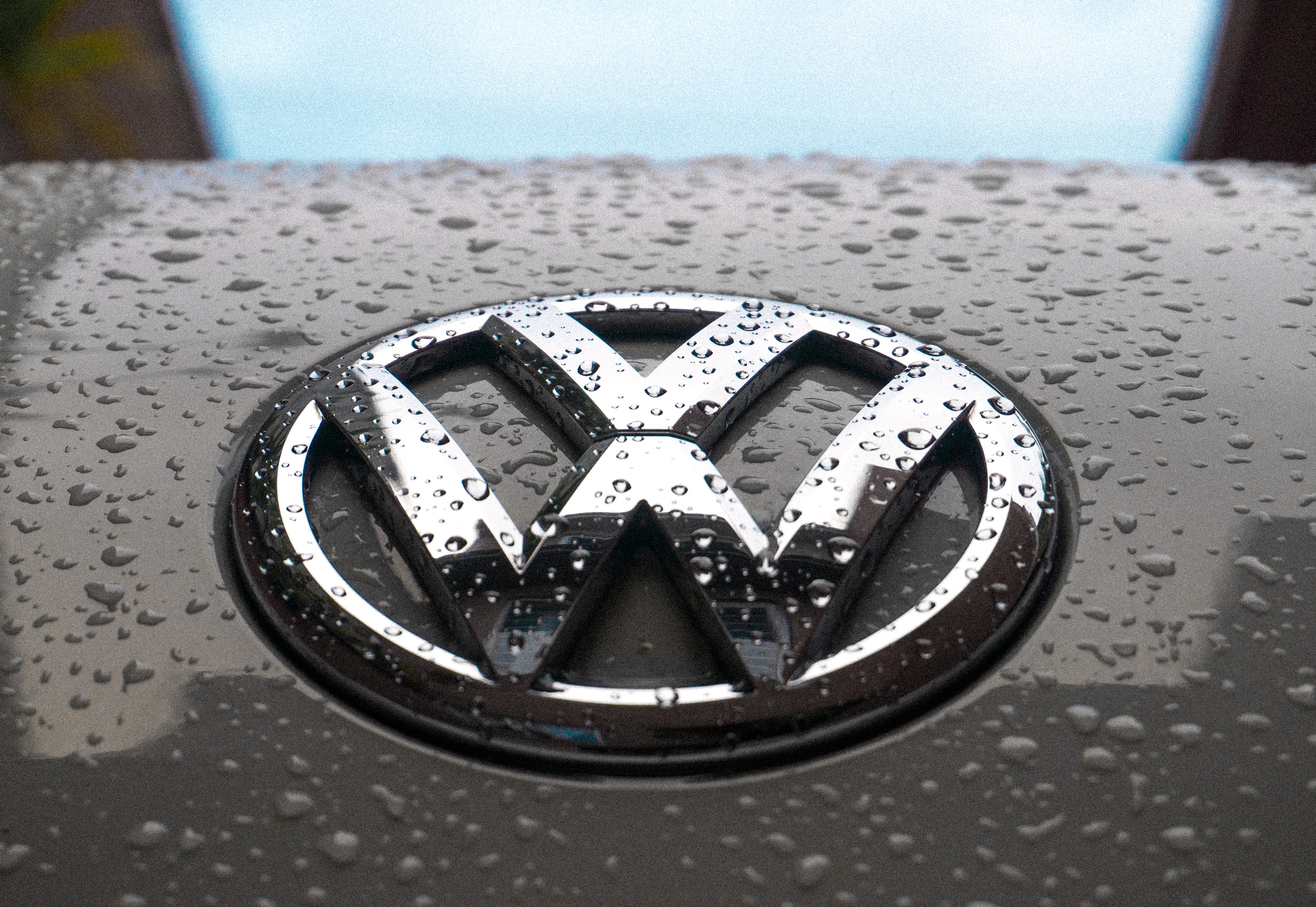 Volkswagen badge in the rain