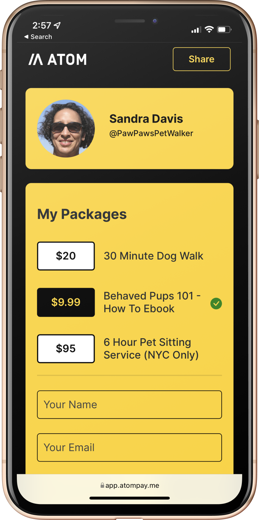AtomPay screen Sandra profile