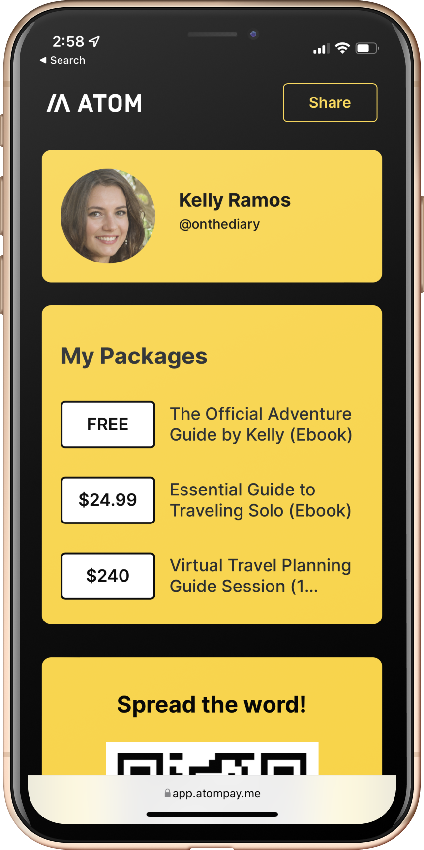 AtomPay screen Kelly profile