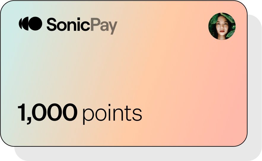 A credit card titled SonicPay with a profile photo and 1,000 points on it.