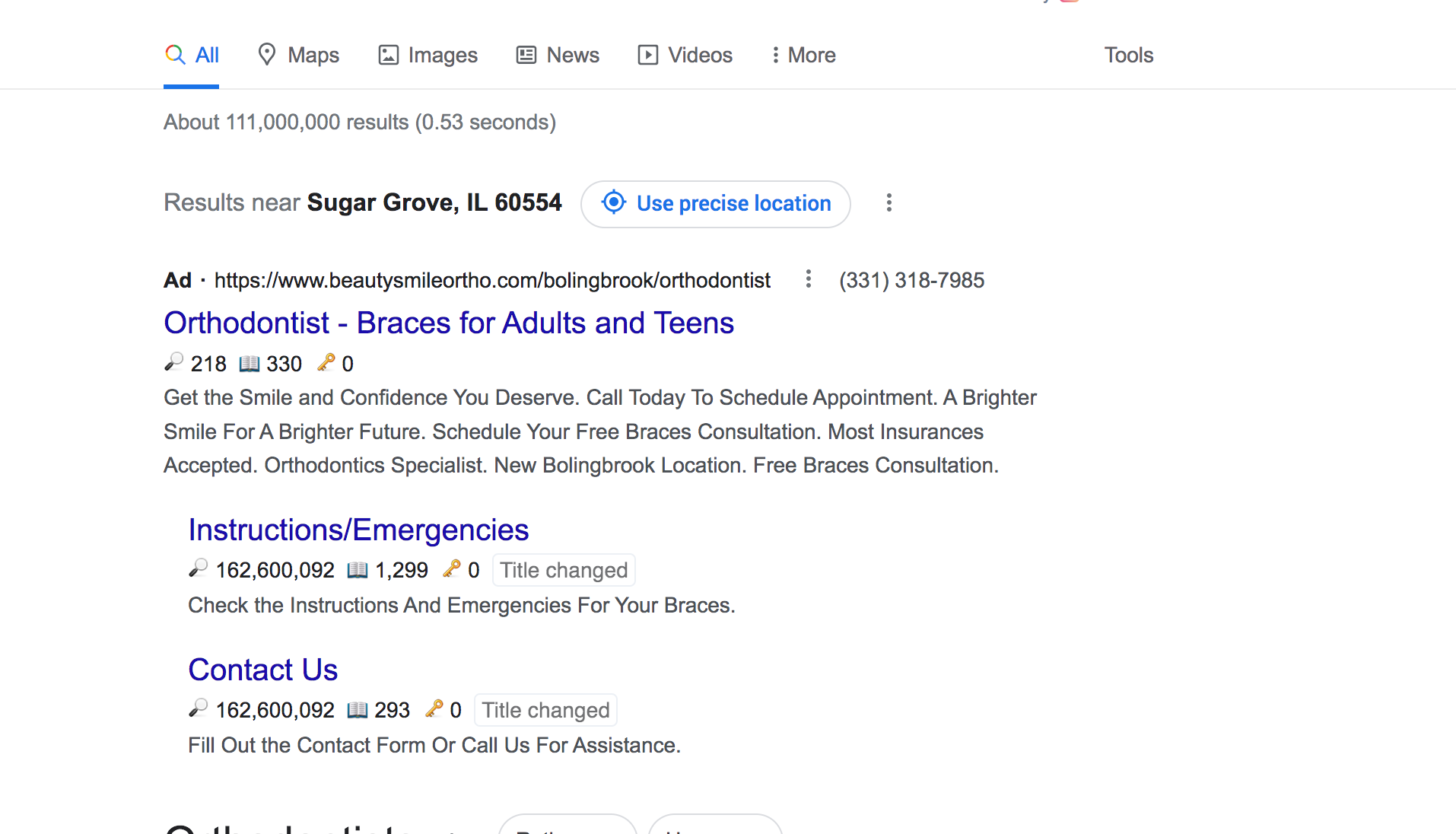 orthodontist marketing example - google ads