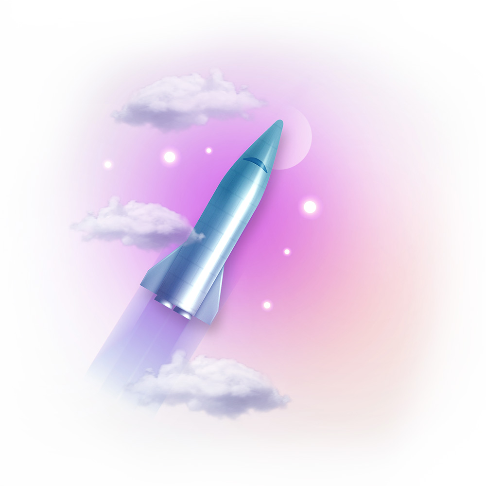 A rocket soaring past clouds.