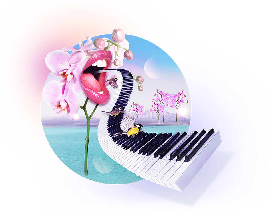 Piano emerging from an open mouth.