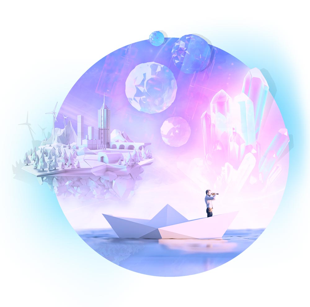 Collage of a man on a boat around crystals looking out to sea.