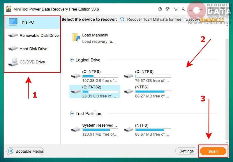 cach khoi phuc o dia bi xoa bang minitool partition recovery 1