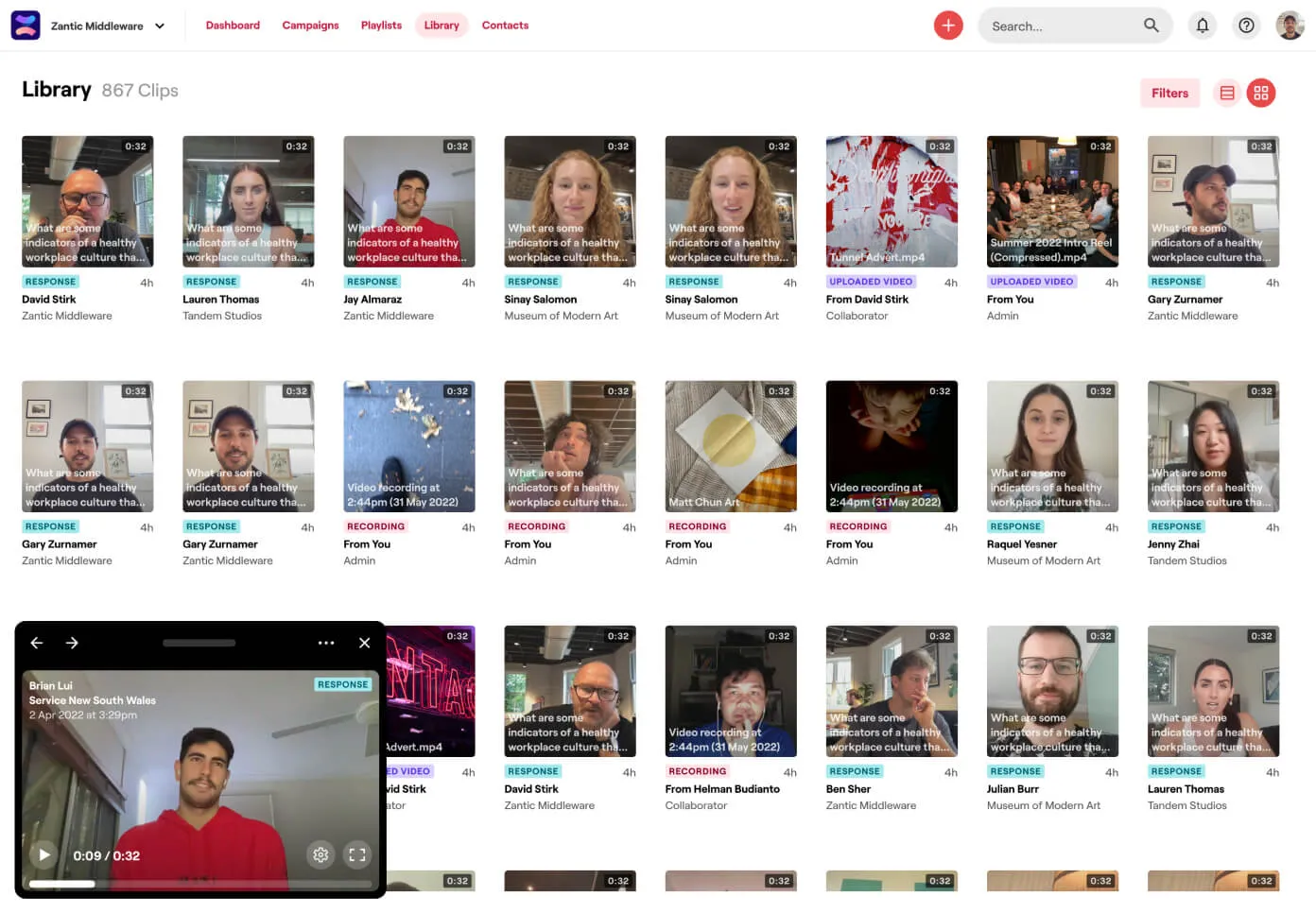 the Vouch dashboard showing a library of saved clips
