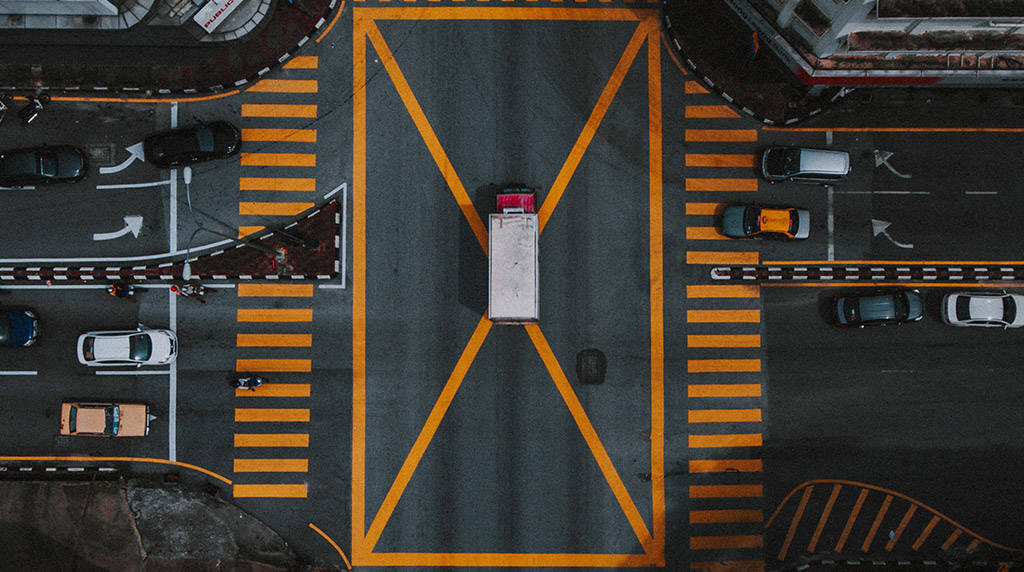 Drone shot over city streets