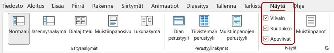 Viivain, Ruudukko ja Apuviivat PowerPointissa.