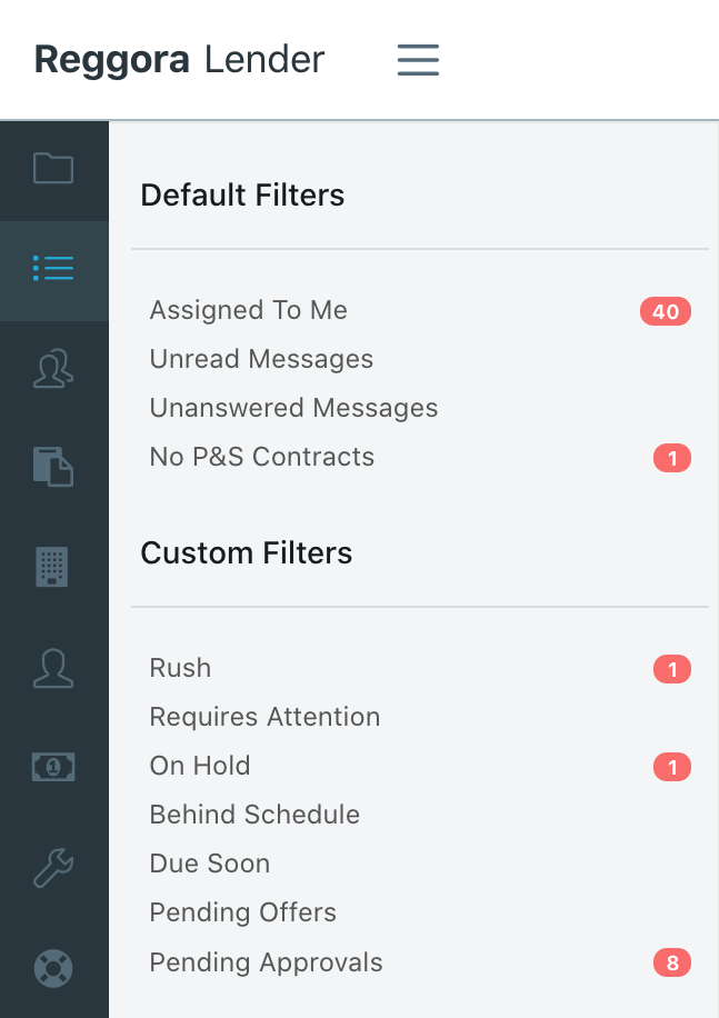 Reggora's lender platform and pipeline control through filtering