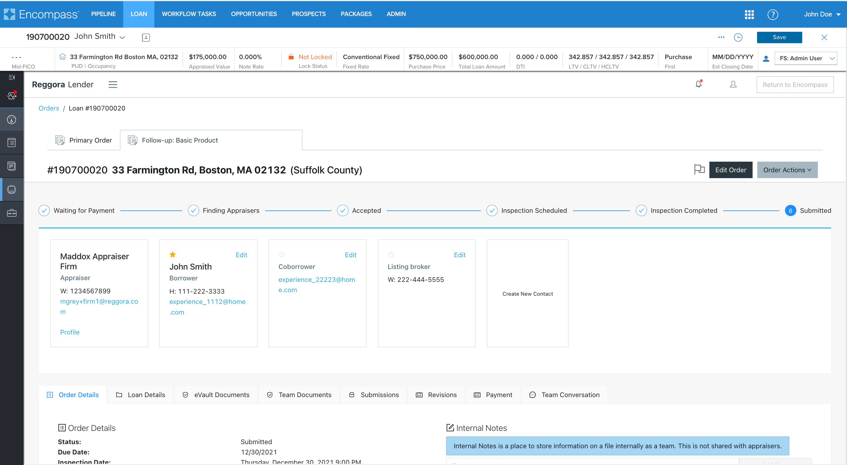 Screenshot of an appraisal order directly ported into Encompass from Reggora thanks to the API connection