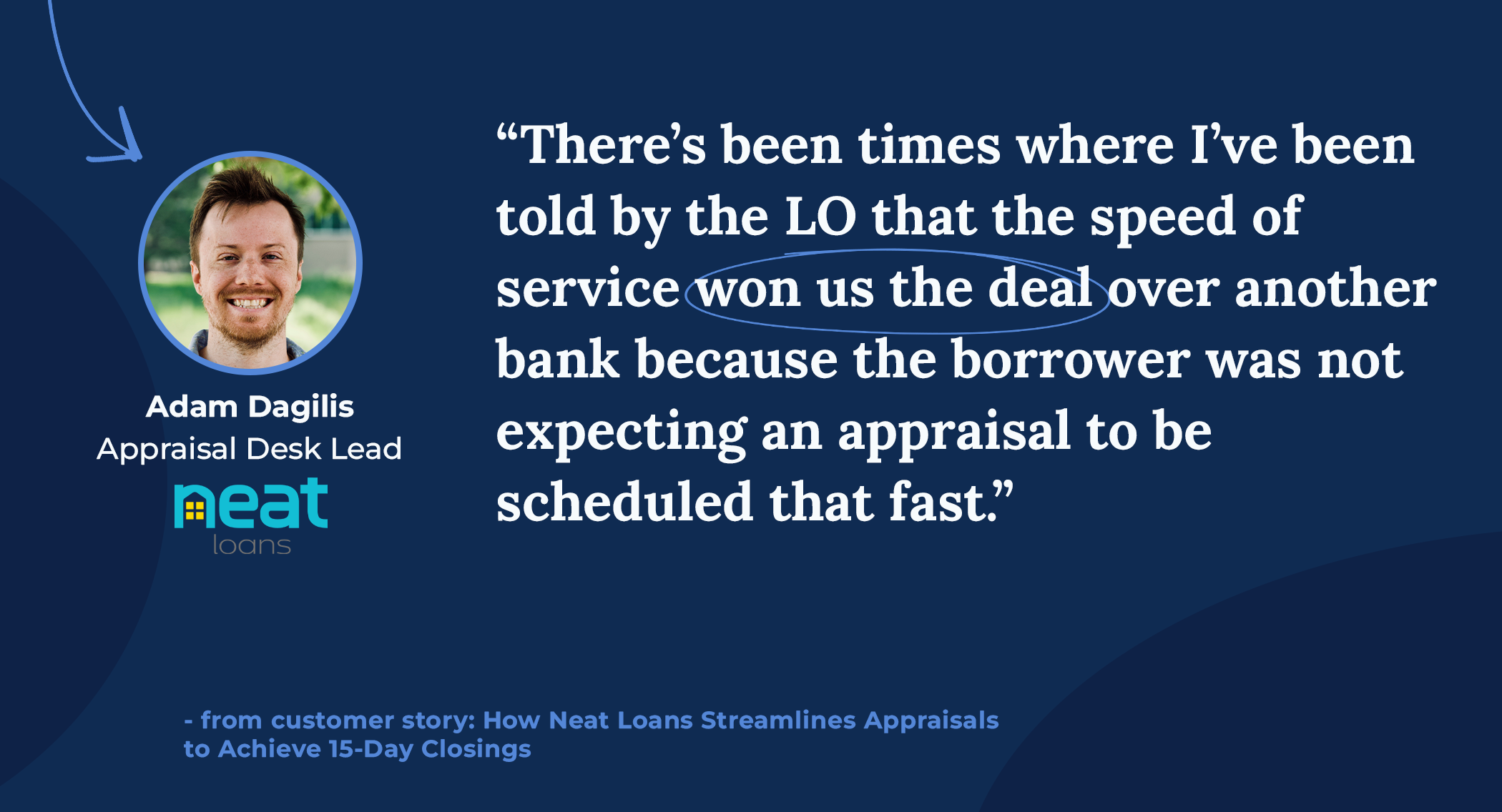 Adam Dagilis, appraisal desk lead at Neat Loans, quote on how Reggora's improvements to their appraisals kept loan officers happy and helped win more deals
