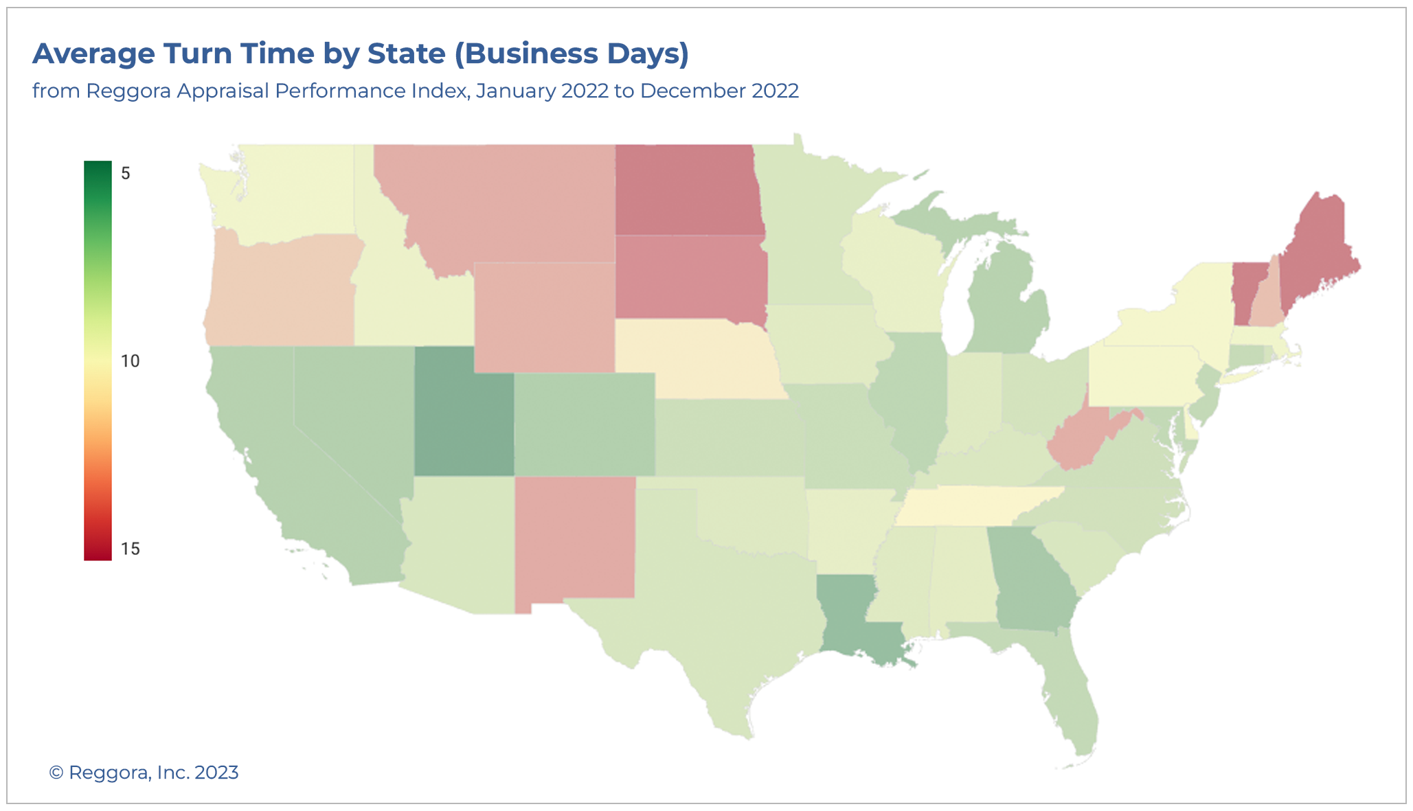 Screenshot of average appraisal turn times by state in 2022 from Reggora's 2022 Appraisal Performance Index