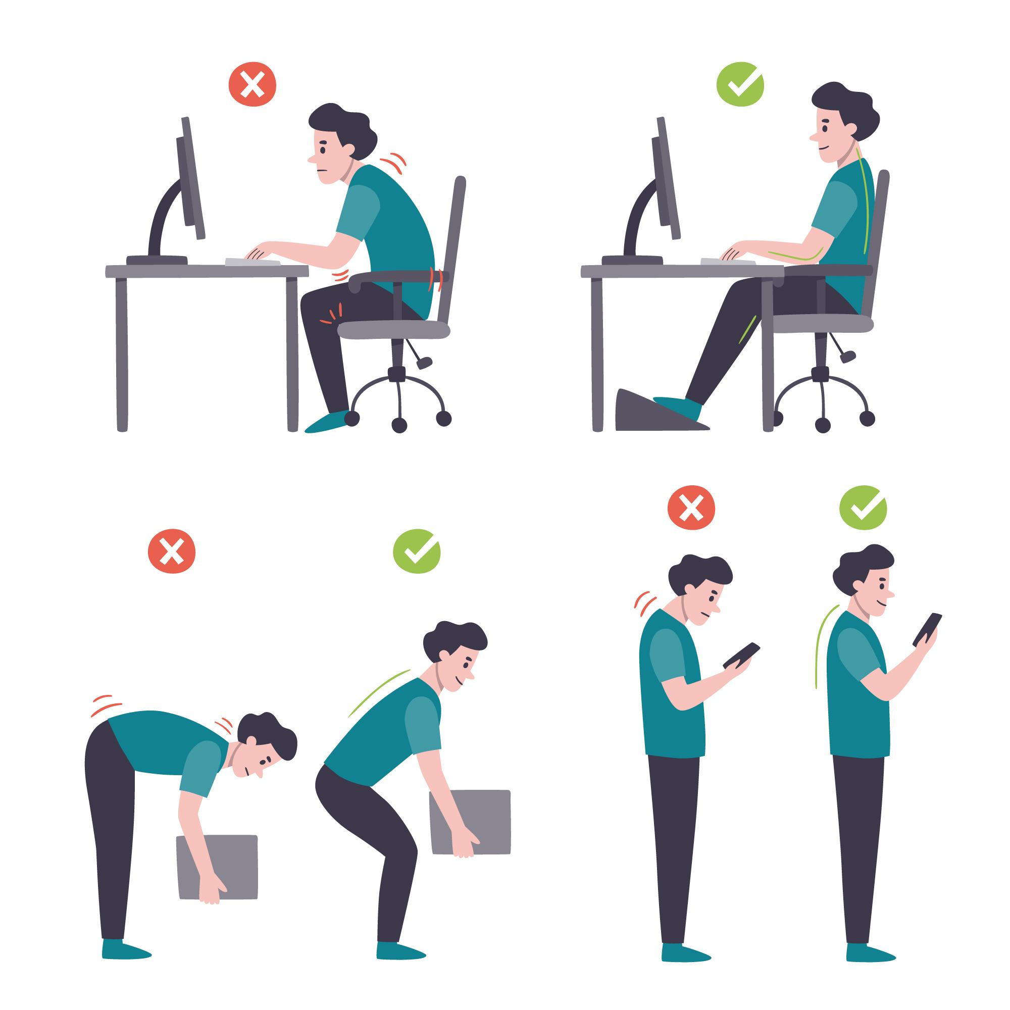 A imagem representa algumas posições de um corpo humano, orientando como podemos melhorar nossa postura.