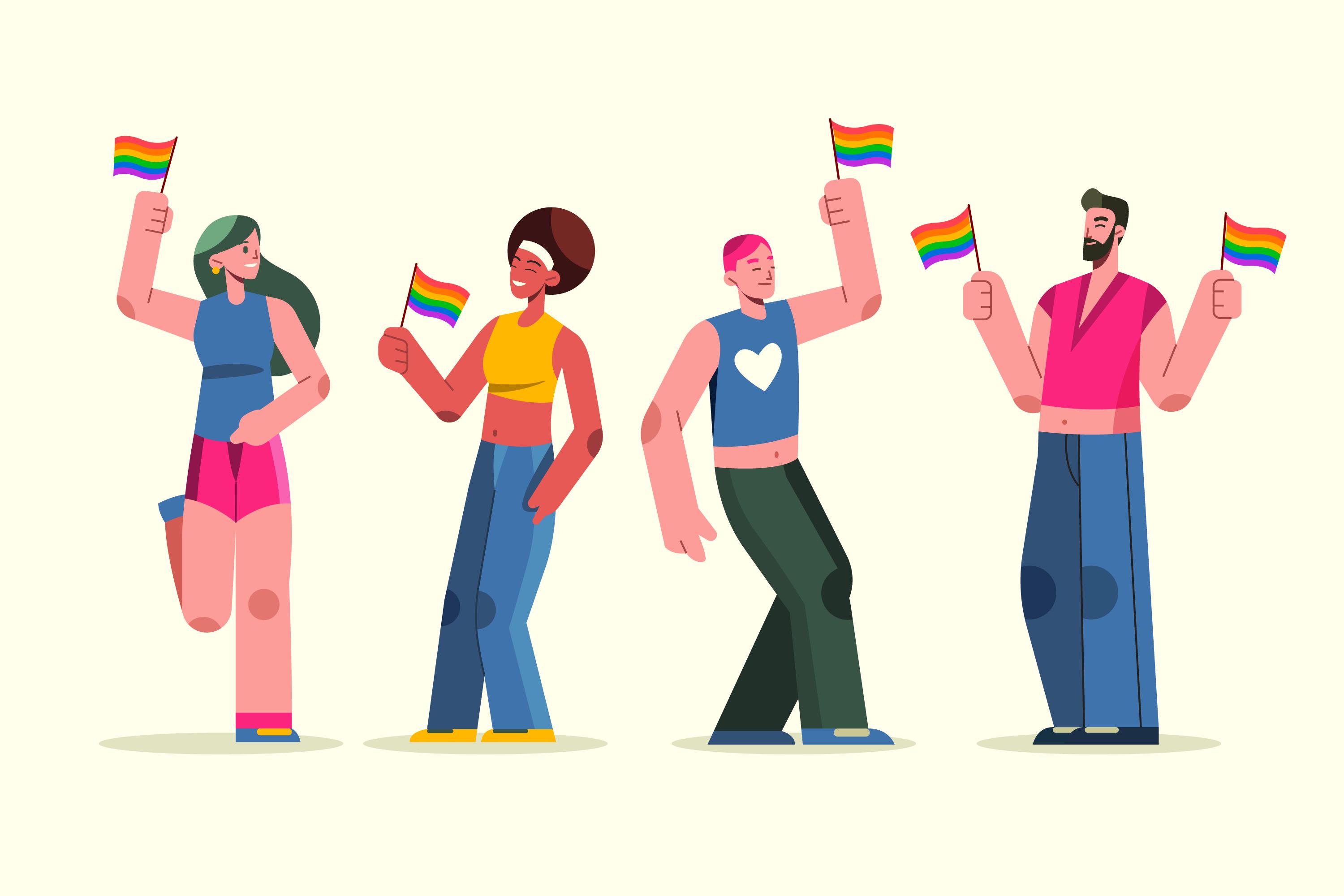 Ilustração de pessoas com a bandeira LGBTQIA+