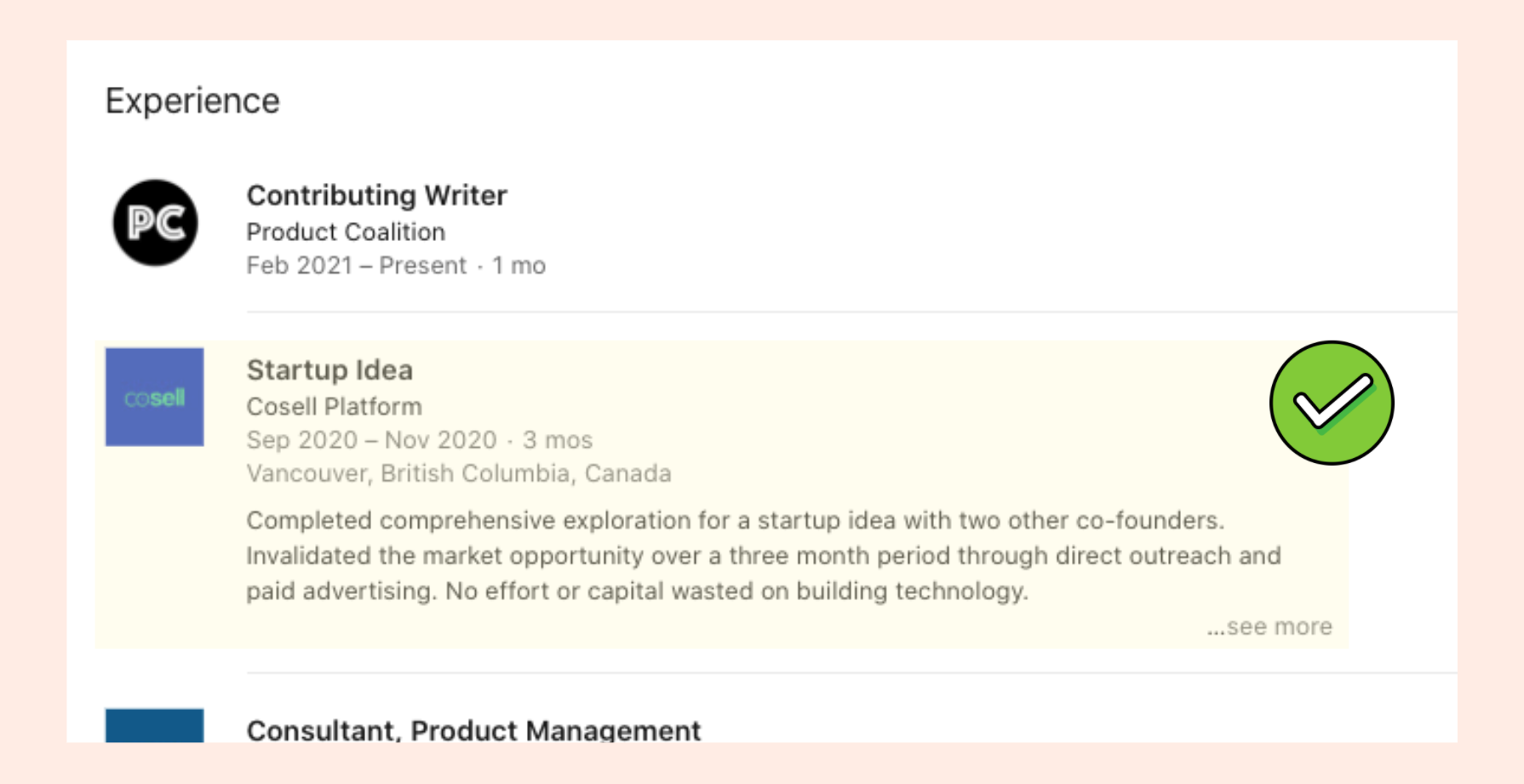 Screenshot of Experience section of my LinkedIn profile