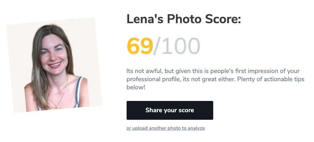Lena's LinkedIn profile photo score on Snapper photo analyzer tool