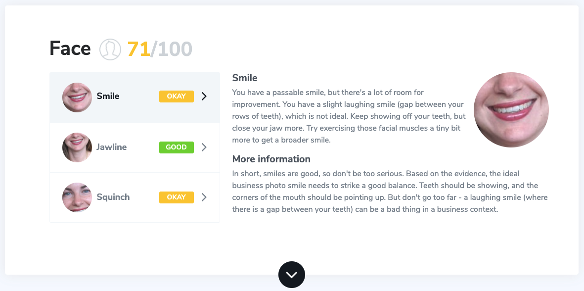 Lena Sesardic LinkedIn profile photo analysis in Snapper photo analyzer tool