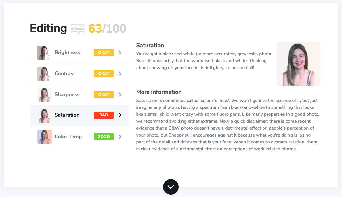 Lena Sesardic LinkedIn profile photo analysis in Snapper photo analyzer tool