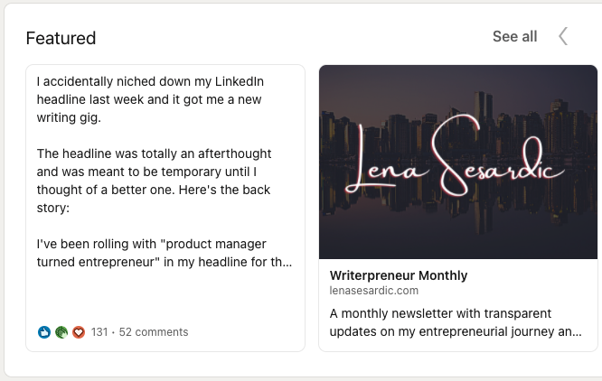 Lena Sesardic's LinkedIn profile Featured section