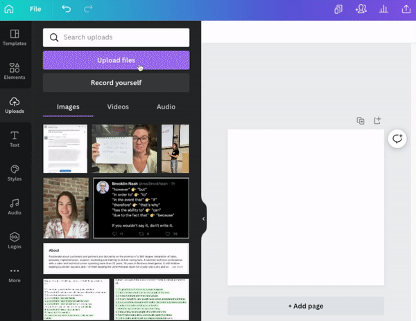 GIF of how to upload LinkedIn profile picture to Canva, make it bigger and centre-align it