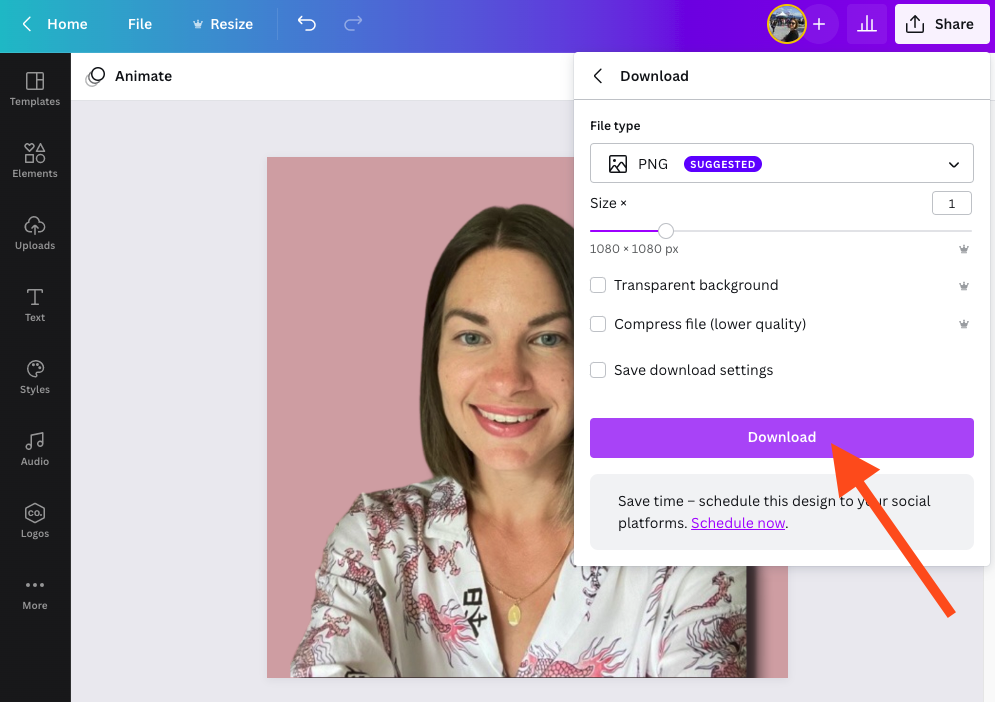 Screenshot of how to download LinkedIn profile photo as PNG image from Canva