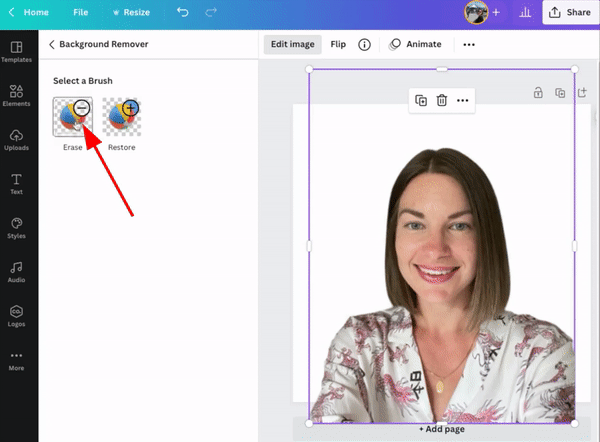 GIF showing how to use eraser brush in Canva to remove remaining background from your LinkedIn profile photo