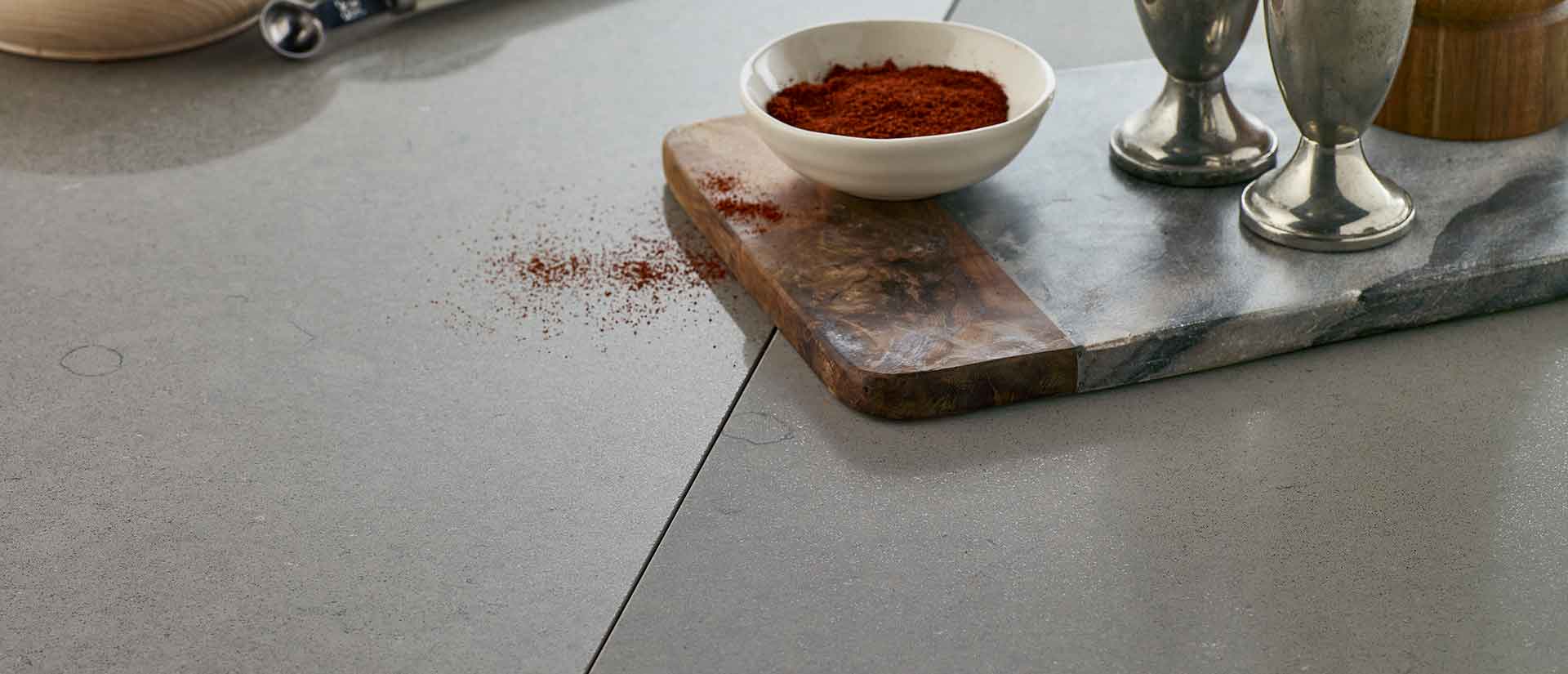 Fossil gray quartz countertop moment
