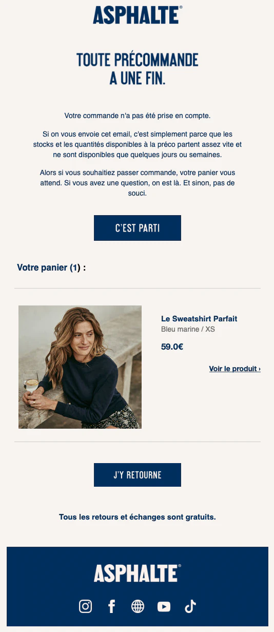 Mail de relance panier de la marque Asphalte