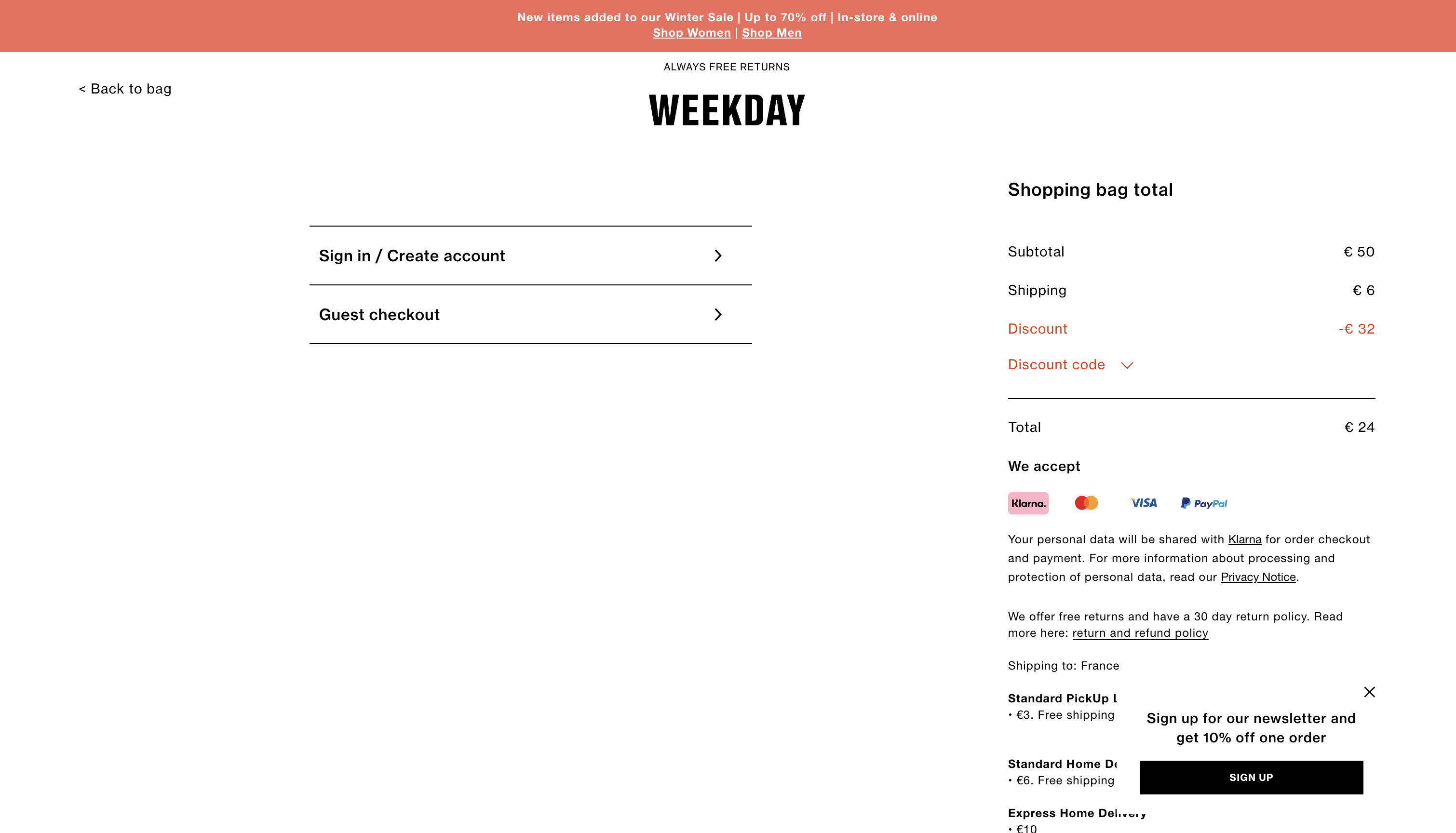 Le checkout chez Weekday laisse la possibilité à l'utilisateur de continuer en tant qu'invité