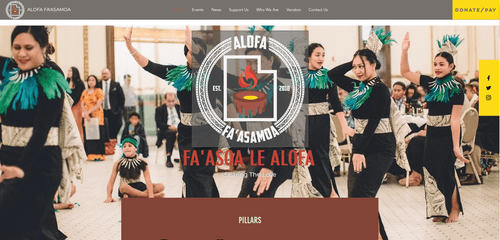 Screenshot of the top navigation for the Alofa Faasamoa website. Includes top nav and hero image of Samoan girls dancing