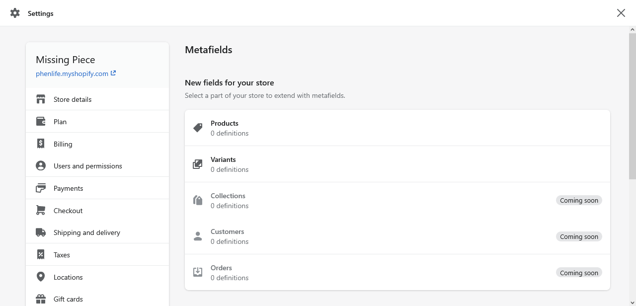 A screen showing how to set up meta fields in Shopify