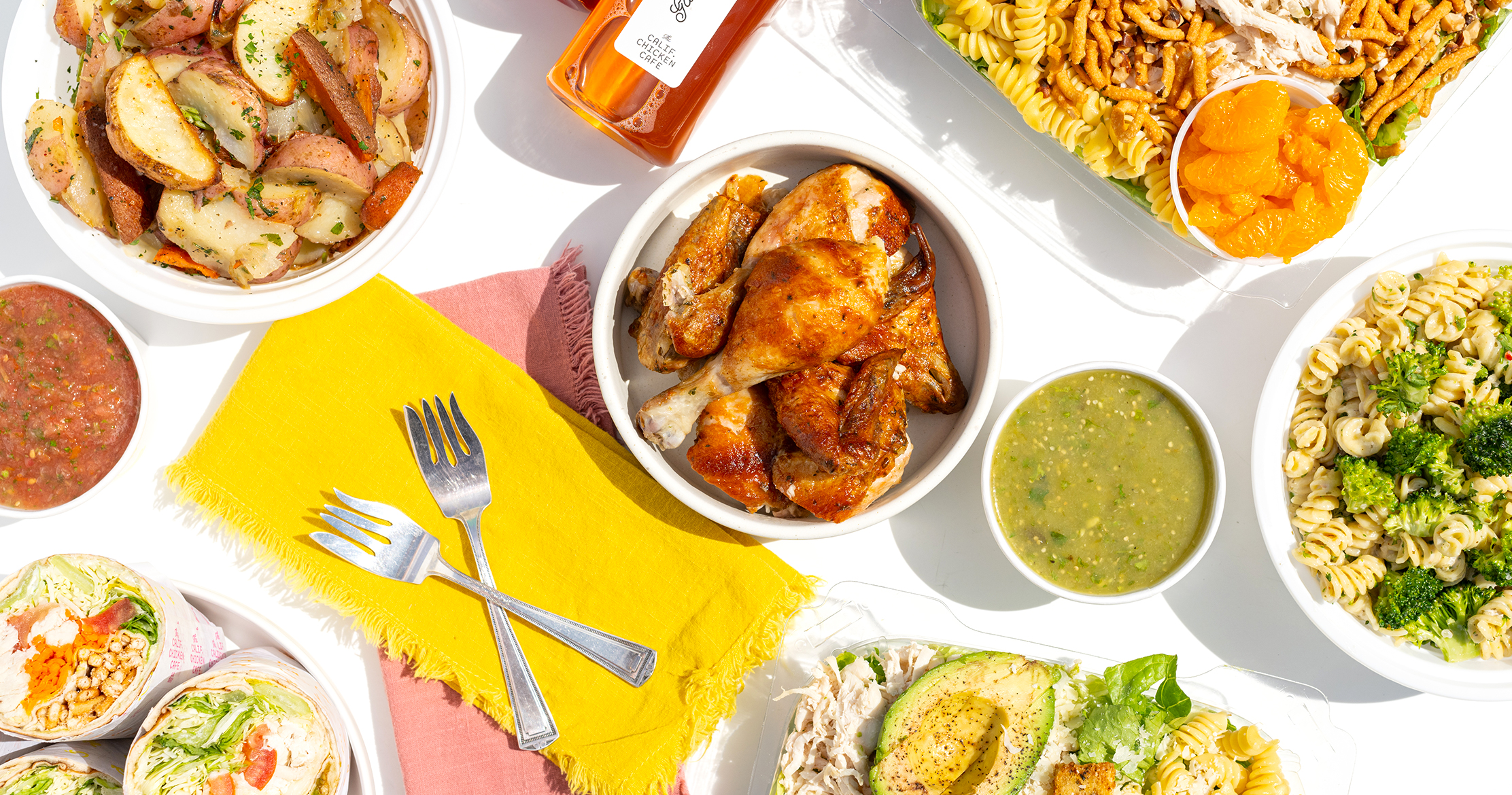 Various foods and drinks from Cali Chicken Cafe.
