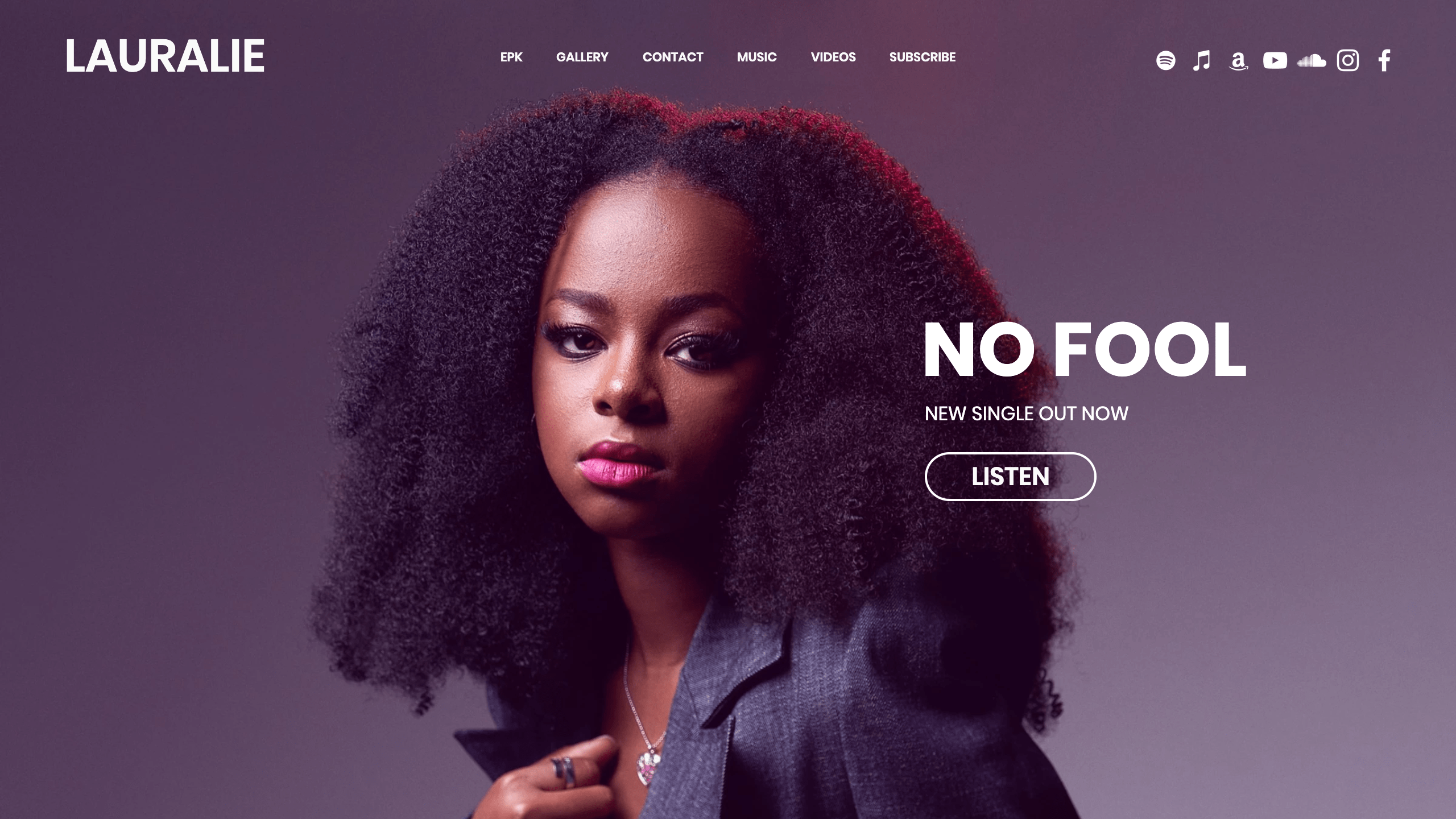 Web page with a large, centered background image of a young woman and H1 heading with song title.