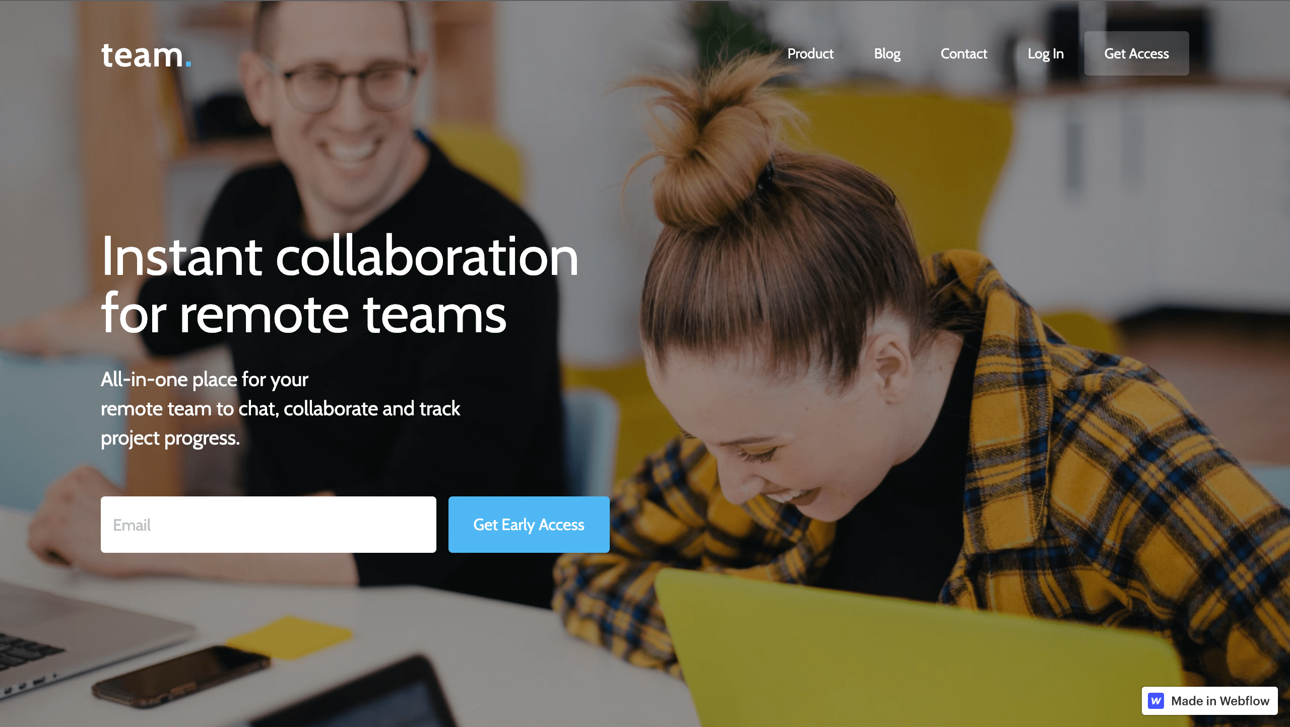 Web page for a chat app with reduced-opacity background of two co-workers, form field, and intro text. 