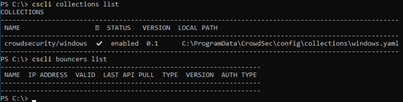CrowdSec Windows - List collections and bouncers